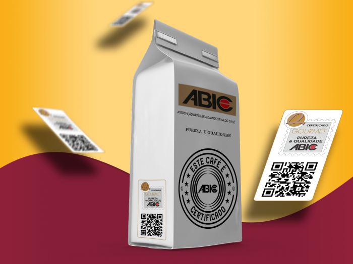 arte grafica de embalagem de grãos de café na cor cinza no fundo amarelo e vinho