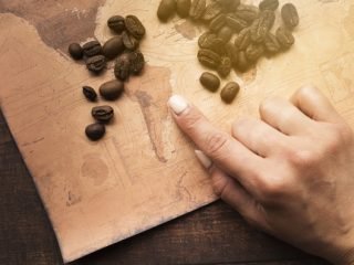 mapa do Brasil com grãos de café sobre a mesa