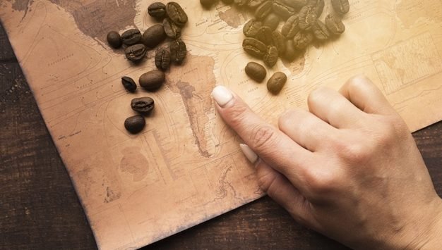mapa do Brasil com grãos de café sobre a mesa